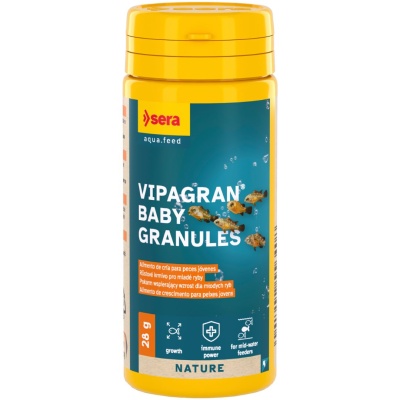 Frasco amarelo com rótulo azul de comida para peixes jovens VIPAGRAN BABY GRANULES