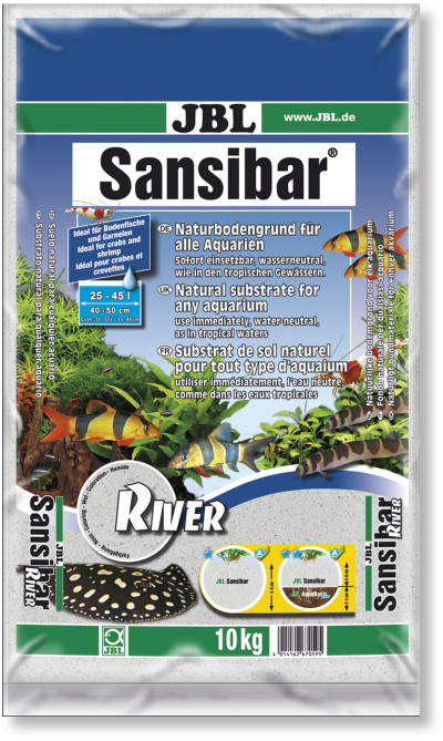 Embalagem de substrato natural para aquários JBL Sansibar River 10 kg com imagens de peixes e plantas aquáticas