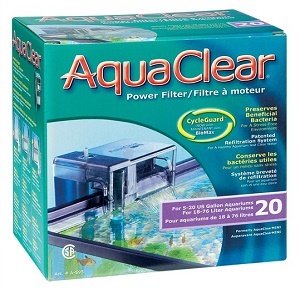 Caixa verde e azul do filtro Aquaclear para aquários, modelo 20.