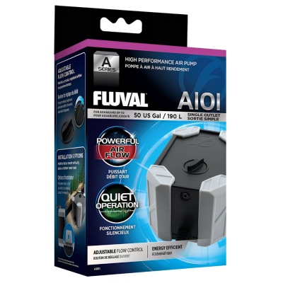 Embalagem da bomba de ar FLUVAL A101 para aquários, azul e preta, com texto e imagens do produto.
