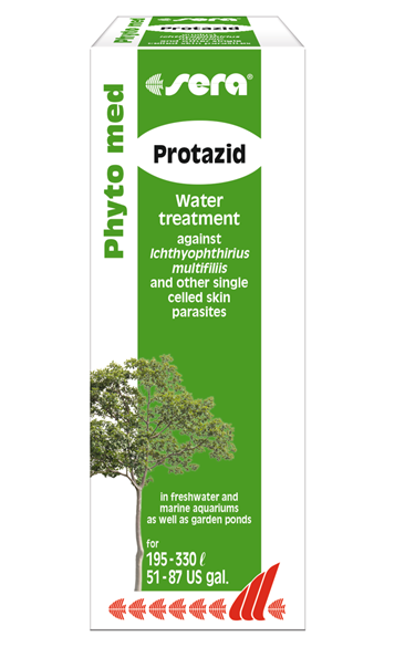 Embalagem de medicamento Sera Protazid para tratamento de água em aquários e lagos