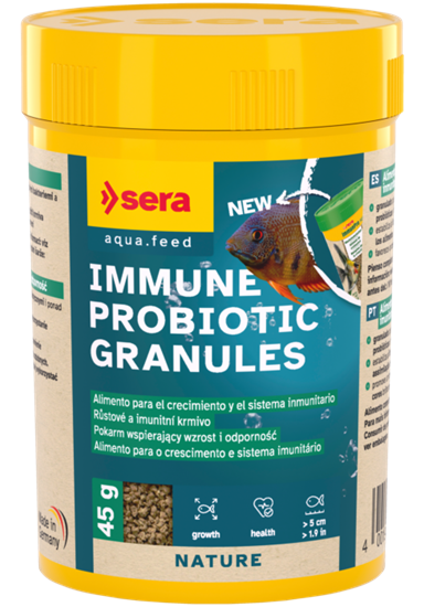 Recipiente amarelo de grânulos para peixe sera IMMUNE PROBIOTIC GRANULES aqua.feed