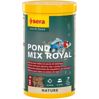 Frasco amarelo de alimento para peixes de lago Pond Mix Royal, marca Sera, 185 g.