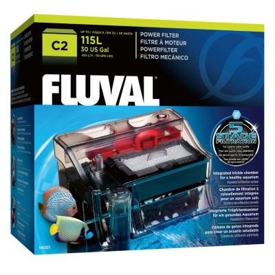Embalagem de filtro mecânico para aquário Fluval C2 até 115 litros com imagens e texto multilingue