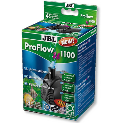 Caixa de bomba universal para aquário JBL ProFlow u1100 com selo de garantia e imagens de peixes.
