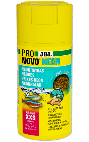 Recipiente amarelo de ração para peixes JBL Pro Novo Neon com texto colorido e imagem de peixes neon