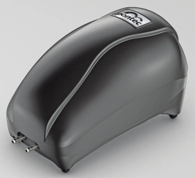 Dispositivo preto compacto com etiqueta 'Pontec' e duas saídas metálicas