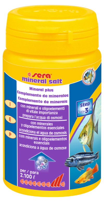 Frasco amarelo com rótulo azul e amarelo, suplemento mineral para aquários com texto multilíngue e imagens de peixes
