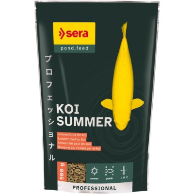 Embalagem de ração para peixes Koi sera KOI SUMMER preta com peixe amarelo