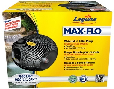 Caixa amarela do produto bomba de água Laguna MAX-FLO com texto e imagem