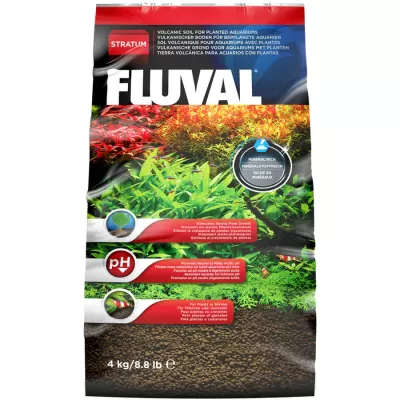 Embalagem de substrato aquário Fluval Stratum com plantas coloridas e texto informativo