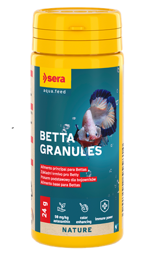 Frasco amarelo de Sera aqua.feed Betta Granules para peixes Bettas