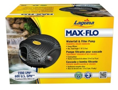 Caixa amarela de bomba para cascata e filtro Laguna MAX-FLO com especificações e imagem do produto