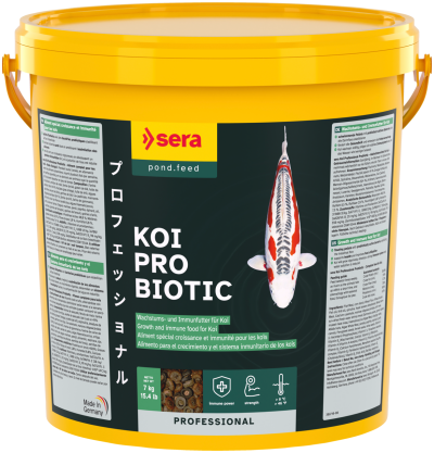 Balde amarelo de alimento para carpas Koi Pro Biotic com imagem de peixe carpa