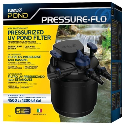 Caixa de filtro pressurizado UV para lagoas Fluval POND PRESSURE-FLO com imagem do produto e descrição multilingue