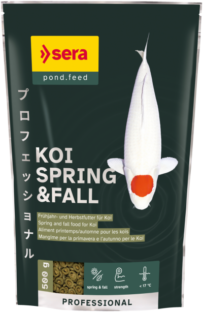 Pacote de ração para carpas Koi Sera KOI SPRING & FALL com 500 g e imagem de carpa branca com mancha vermelha