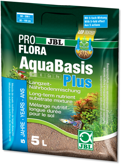 Embalagem verde e azul de substrato nutritivo JBL AquaBasis Plus 5 litros com plantas aquáticas e peixe