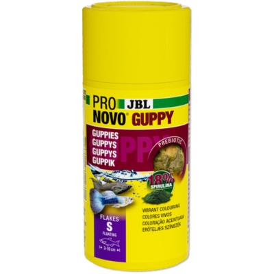 Embalagem amarela de alimento para peixes guppy JBL PRO NOVO GUPPY