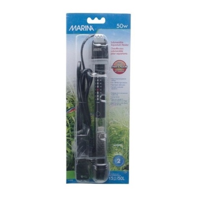 Termóstato submersível preto MARINA 50W para aquário na embalagem com fundo de plantas aquáticas