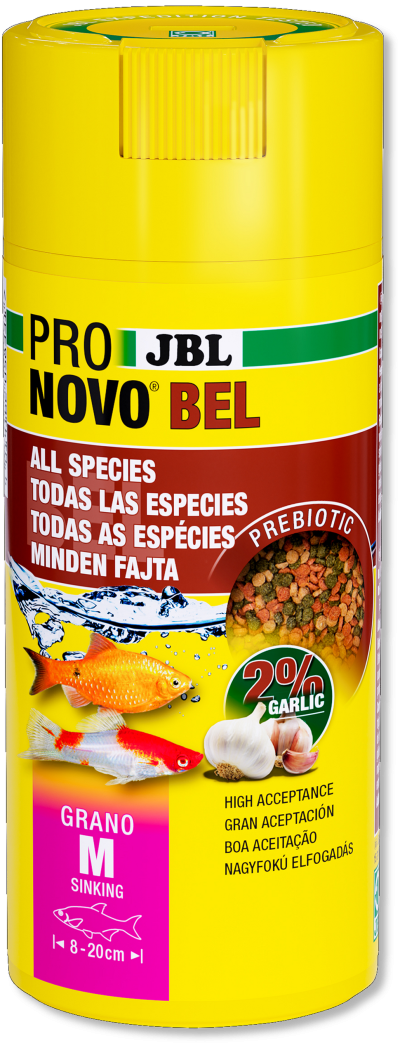 Embalagem amarela de ração para peixes JBL PRO NOVO BEL com imagens de peixes e alho