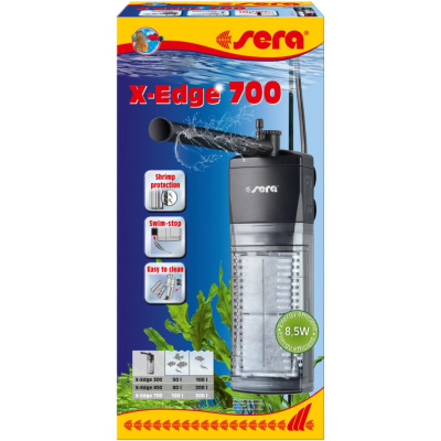 Filtro para aquário Sera X-Edge 700 em embalagem azul com texto e imagens