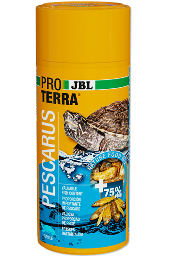 Recipiente amarelo de alimento para tartarugas JBL Pro Terra Pescarus com imagens e texto