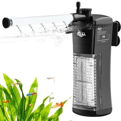 Filtro de aquário preto com saída de água em tubo branco