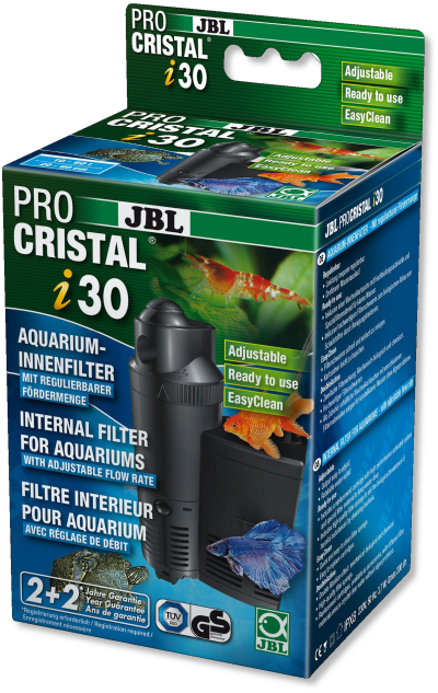 Embalagem do filtro interno JBL ProCristal i30 para aquários com texto e imagens de peixes
