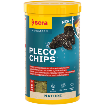 Embalagem amarela de comida para peixes Pleco Chips da marca Sera
