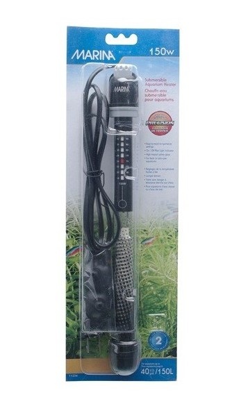 Aquecedor submersível para aquários MARINA 150W na embalagem com plantas aquáticas ao fundo