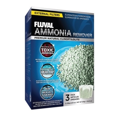 Caixa azul do Fluval Ammonia Remover filtro externo aquário com grânulos cinza