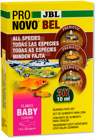 Embalagem de alimento para peixes JBL Pro Novo Bel Baby com texto multilíngue e imagens de peixes