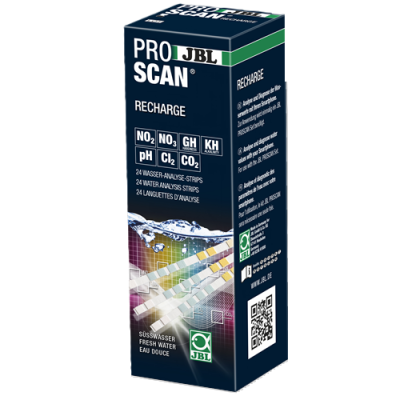 Embalagem azul escura do JBL ProScan Recharge, recarga de tiras para análise de água fresca