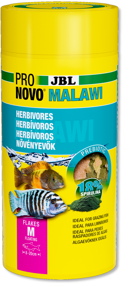 Embalagem amarela de alimento para peixes JBL Pro Novo Malawi herbívoros com imagens de peixes e espirulina
