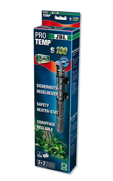 Embalagem azul de aquecedor para aquário JBL ProTemp S 100 com imagem do produto e plantas aquáticas.