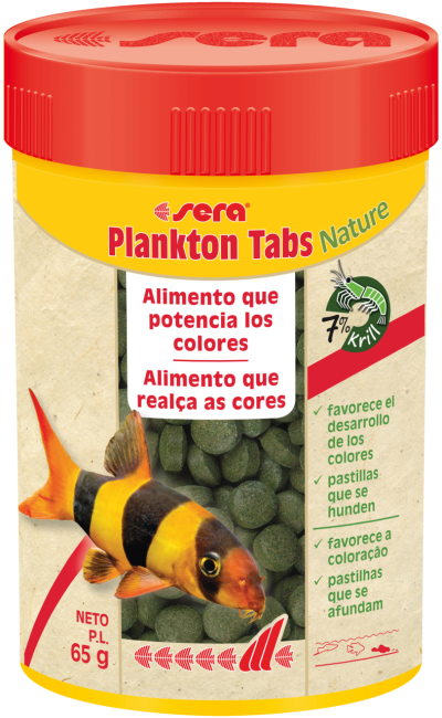 Embalagem de Sera Plankton Tabs Nature para alimentação de peixes, com pastilhas verdes visíveis e peixe colorido na frente.