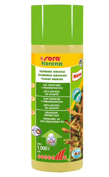 Frasco de cuidado básico para plantas de aquário Sera Florena com tampa verde e rótulo colorido