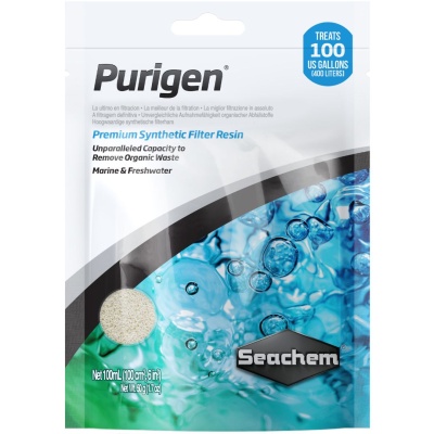 Embalagem de resina filtrante sintética Purigen da Seachem em branco e azul.