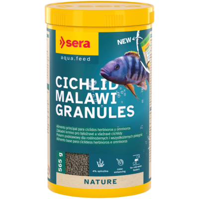 Recipiente de alimento para peixes Cichlid Malawi Granules da marca Sera com tampa amarela e rótulo azul