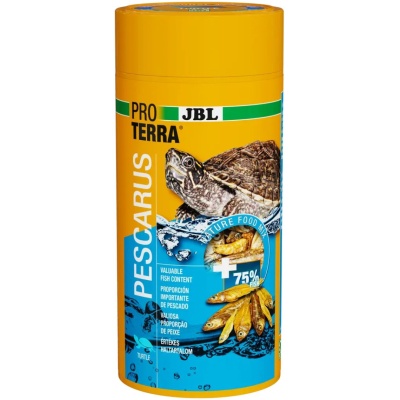 Embalagem amarela e azul de alimento para tartarugas com imagem de tartaruga e peixes secos.