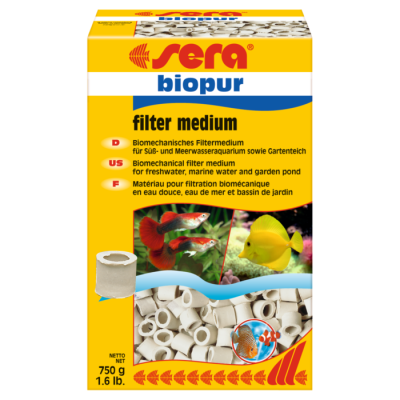 Caixa amarela do filtro biomecânico 'sera biopur filter medium' com imagens de peixes e material filtrante cerâmico