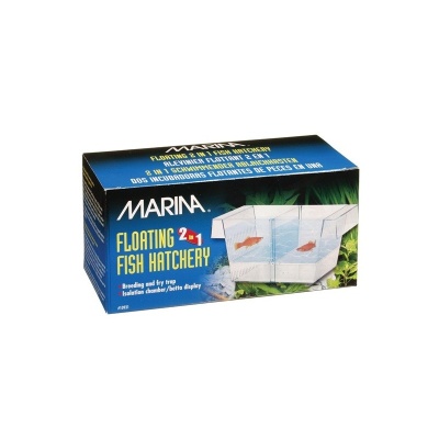 Caixa azul e preta do criadouro flutuante de peixes MARINA com imagens dos tanques e texto colorido.