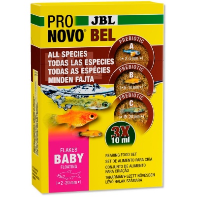 Embalagem amarela de alimento para peixes Pro Novo Bel JBL para todas as espécies, baby flakes, com imagens de peixes e informações sobre tamanhos de flocos.
