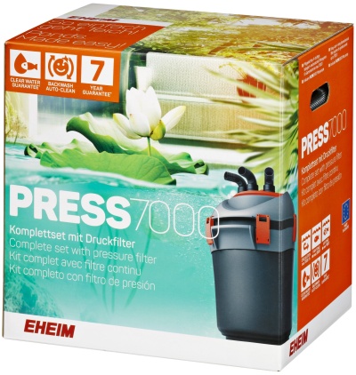 Caixa do filtro EHEIM PRESS 7000 com imagem do filtro e plantas aquáticas