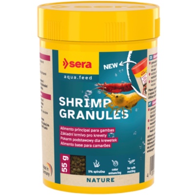 Embalagem amarela de alimento para camarões Sera Shrimp Granules com ilustração de camarões.