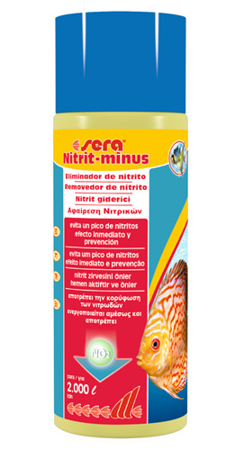 Frasco de produto aquático sera Nitrit-minus com tampa azul e rótulo colorido