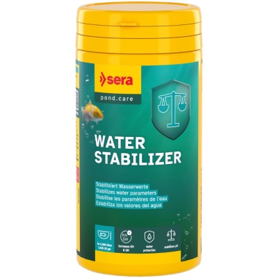 Frasco amarelo de Water Stabilizer da Sera com rótulo verde e amarelo