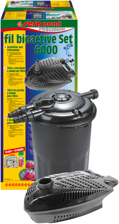 Conjunto de filtro para lago Sera Pond Fil Bioactive Set 6000 com bomba e embalagem colorida.