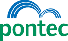 Logótipo da marca pontec com linhas azuis e texto verde