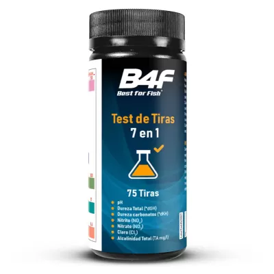 Frasco de plástico com tampa preta e rótulo azul, branco e laranja com Teste de Tiras B4F 7 em 1 para aquários.